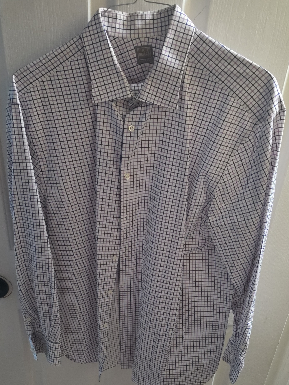 Ike Behar White Dress Shirt with Navy Windowpane Check - Picture 1 of 4